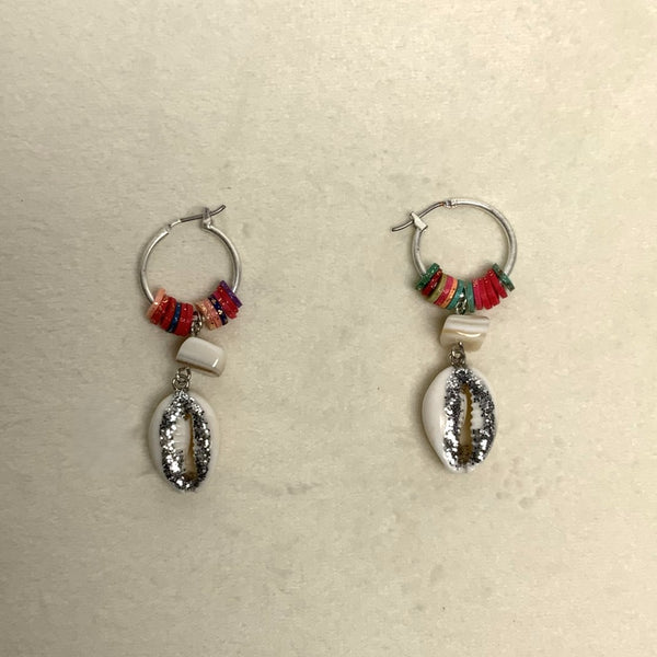 Colored Disc on Metal Hoop with Glittered Cowrie Shell Drop