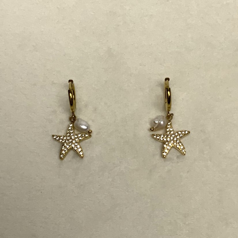 Rhinestone Crusted Starfish Dangle Earring with Pearl Charm