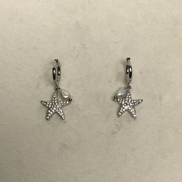 Rhinestone Crusted Starfish Dangle Earring with Pearl Charm