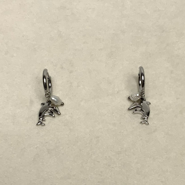 Metal Dolphin with Pearl Dangle Earring
