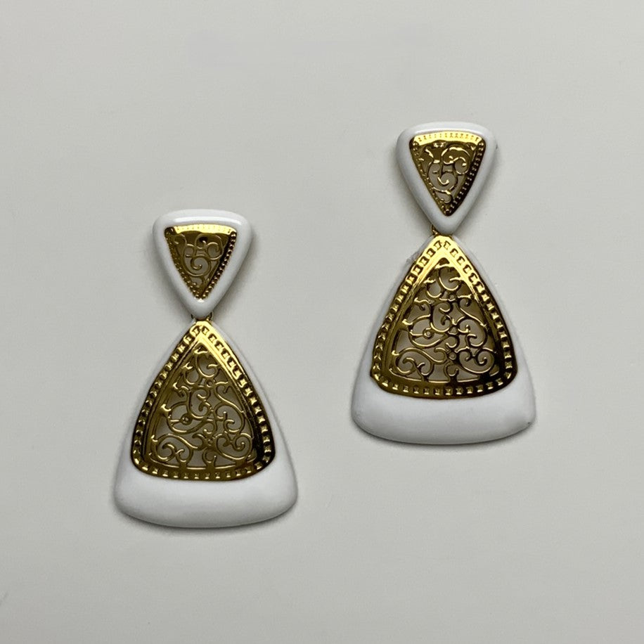 Filigree Metal and Enamel Triangle Drop Earring