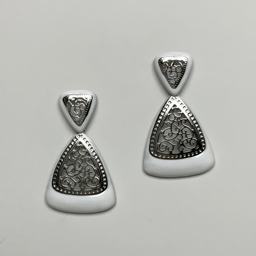Filigree Metal and Enamel Triangle Drop Earring