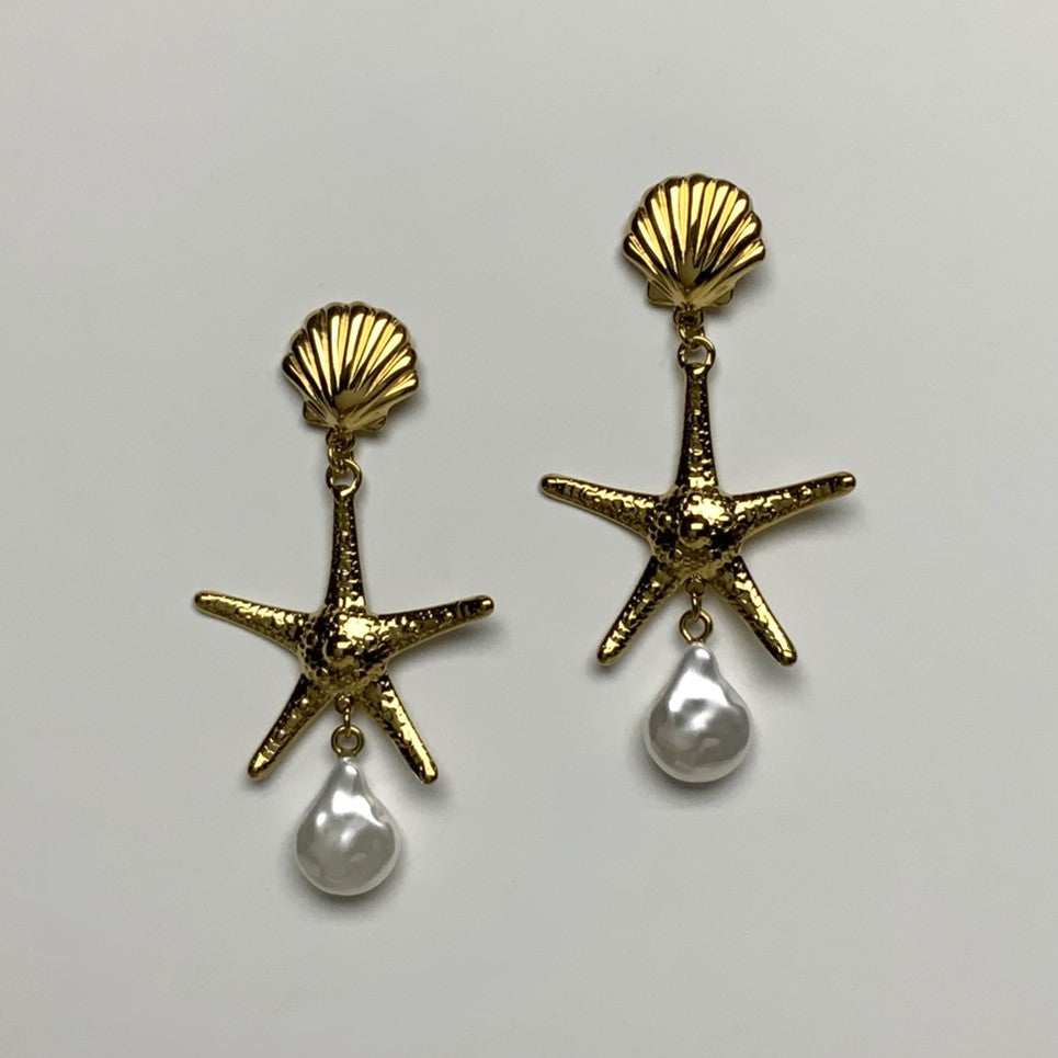 Scallop and Starfish and Pearl Drop Earring