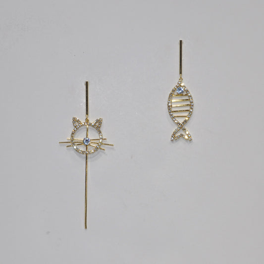 Rhinestone Cat and Bone Fish Earring