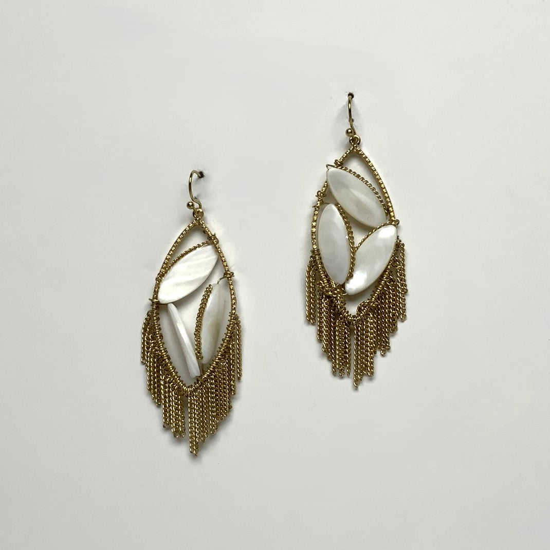 Metal and MOP Marquis Shape Drop Earring with Chain Tassel