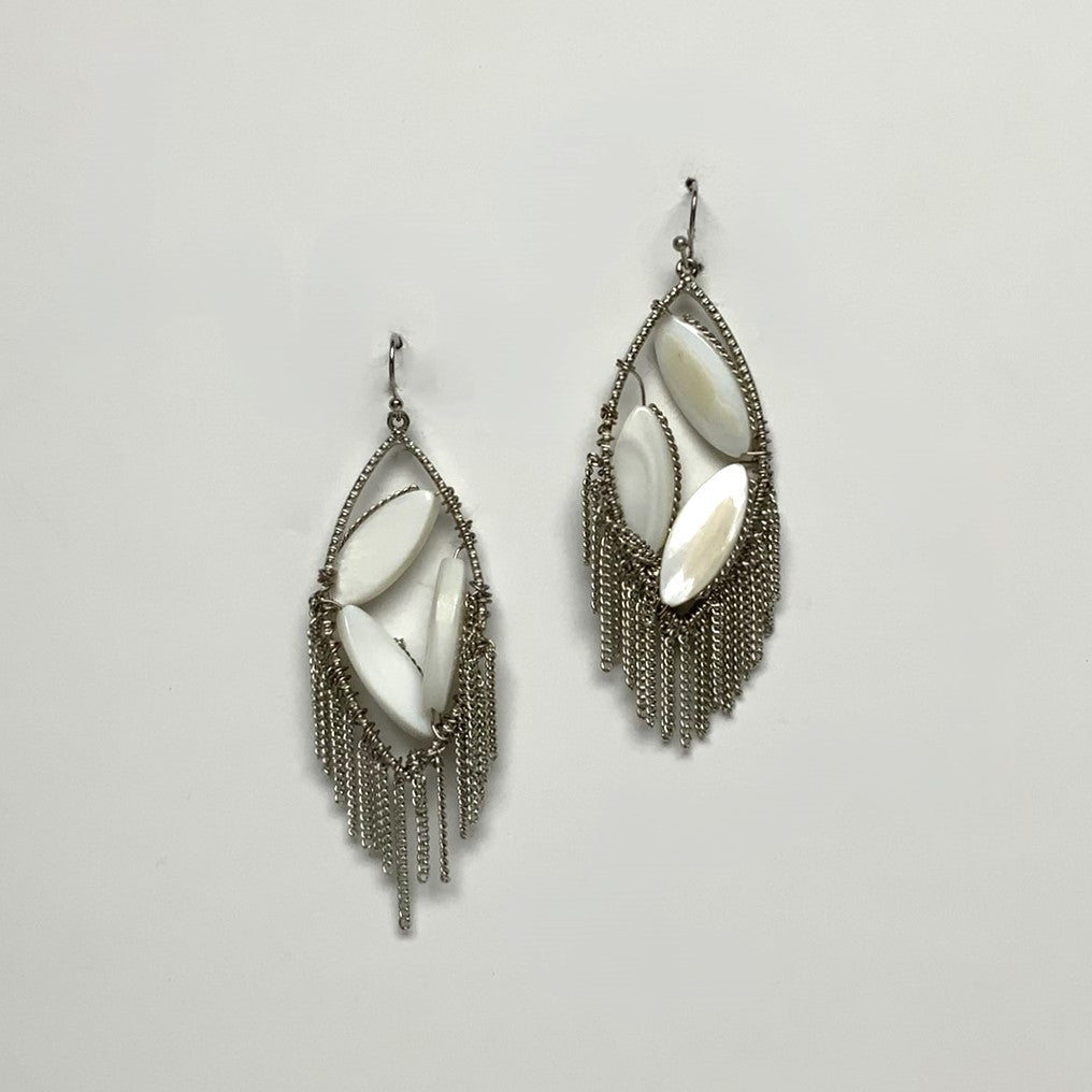 Metal and MOP Marquis Shape Drop Earring with Chain Tassel