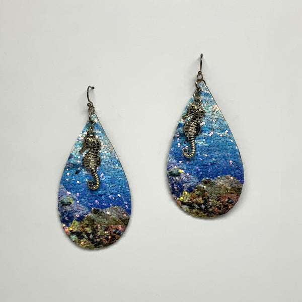 Druizy Like Leather Tear Drop Earring with Seahorse Charm