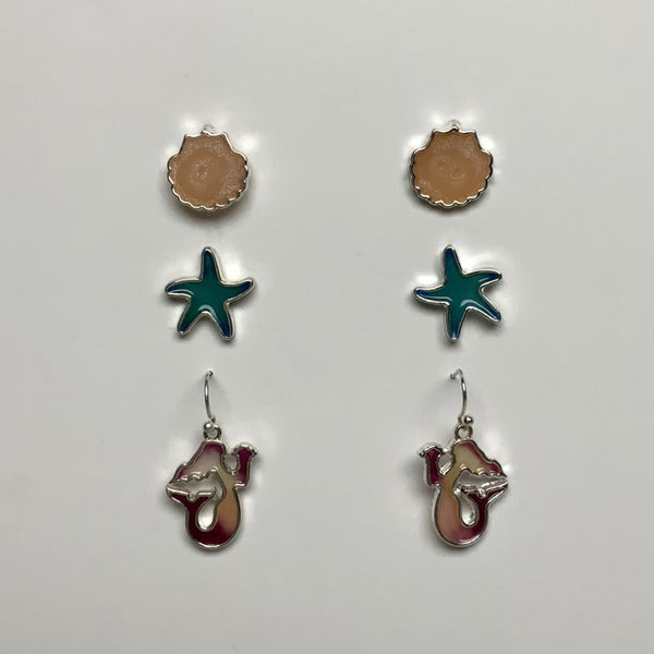 Three Pack Shell, Starfish, and Mermaid Earring