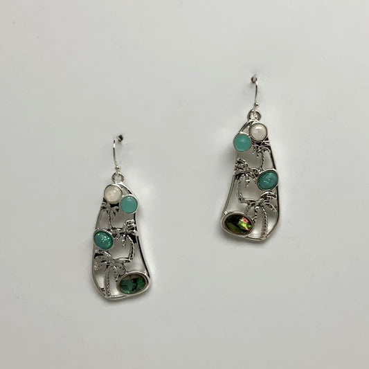 Metal Palm Tree, Sea Glass, and Abalone Kidney Shape Drop Earring