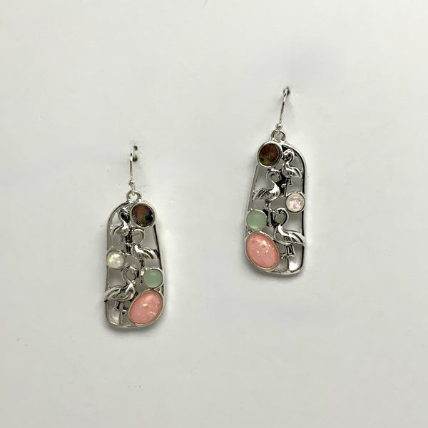 Metal Flamingos, Sea Glass, and Abalone Drop Earring