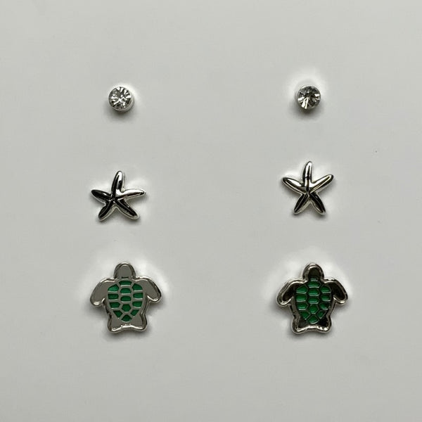 Three Pack Rhinestone, Starfish, and Turtle Earring
