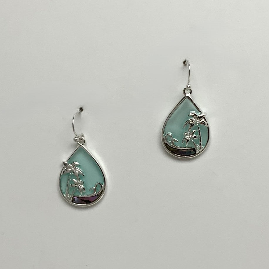 Sea Glass and Shell with Metal Palm Tree Tear Drop Earring
