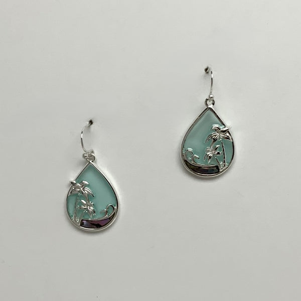 Sea Glass and Shell with Metal Palm Tree Tear Drop Earring