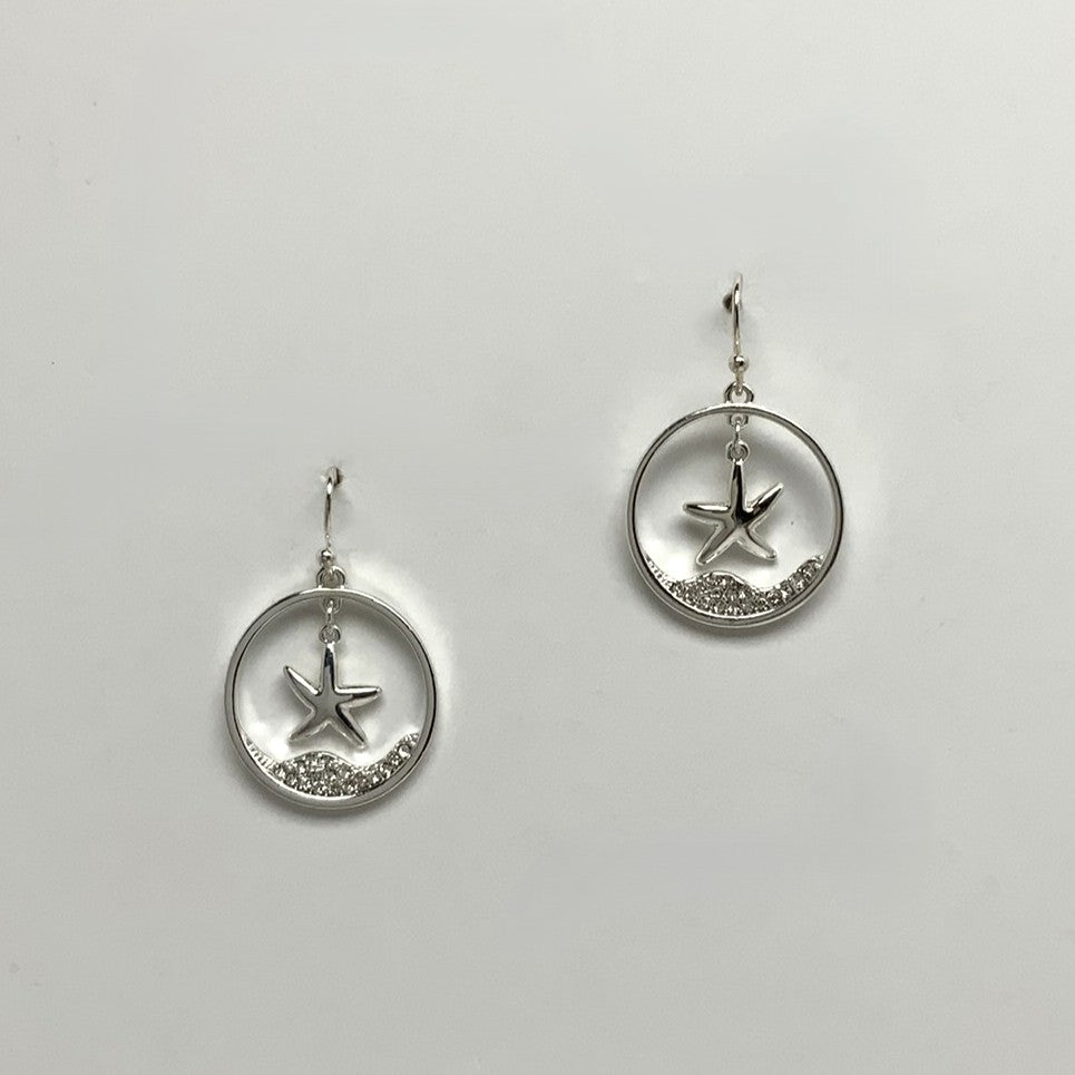 Metal Circle with Starfish and Rhinestone Wave Earring