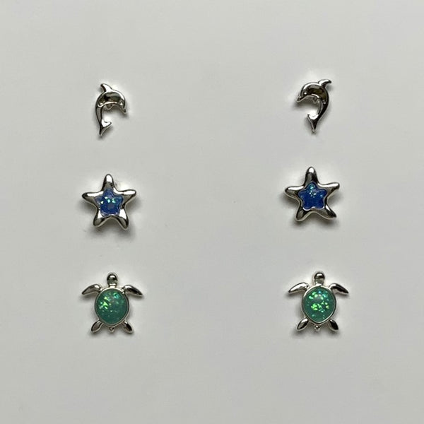 Three Pack Shell and Sea Glass Dolphin, Starfish, and Turtle Earring