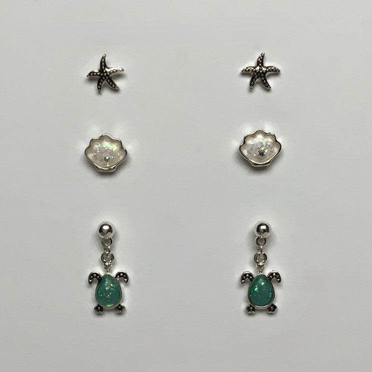 Three Pack Metal and Sea Glass Starfish, Sea Shell, and Turtle Earring