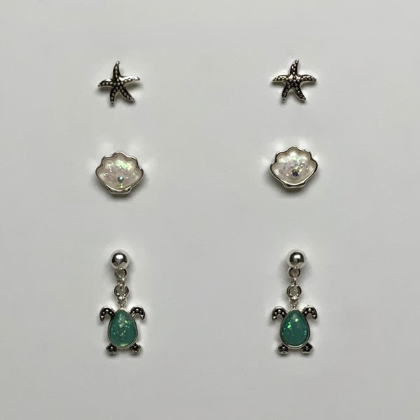 Three Pack Metal and Sea Glass Starfish, Sea Shell, and Turtle Earring