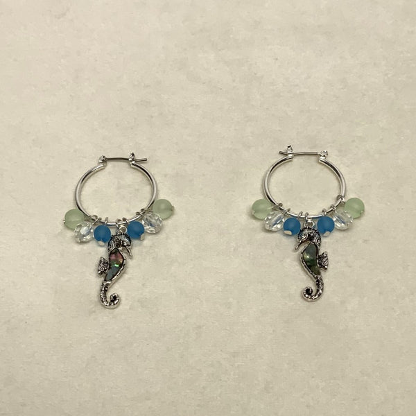 Shell Look Sea Horse on Metal Circle Hoop Earring with Charm Beads