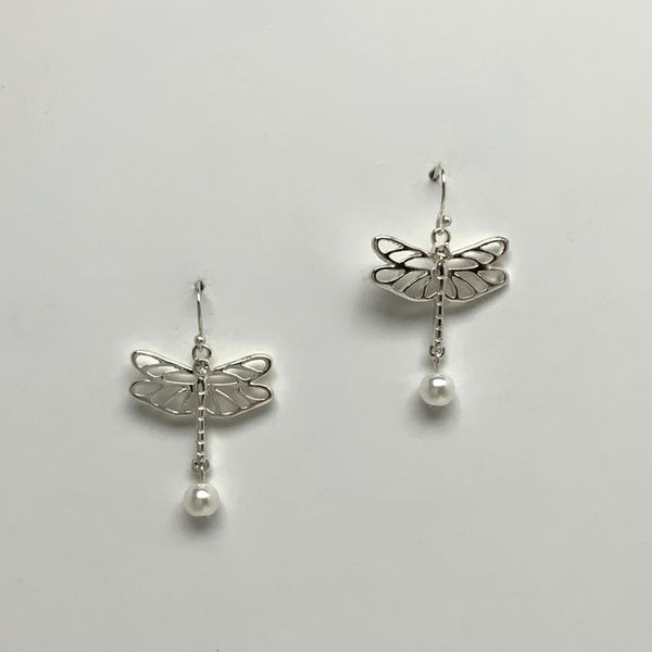 Metal and Pearl Dragonfly Drop Earring