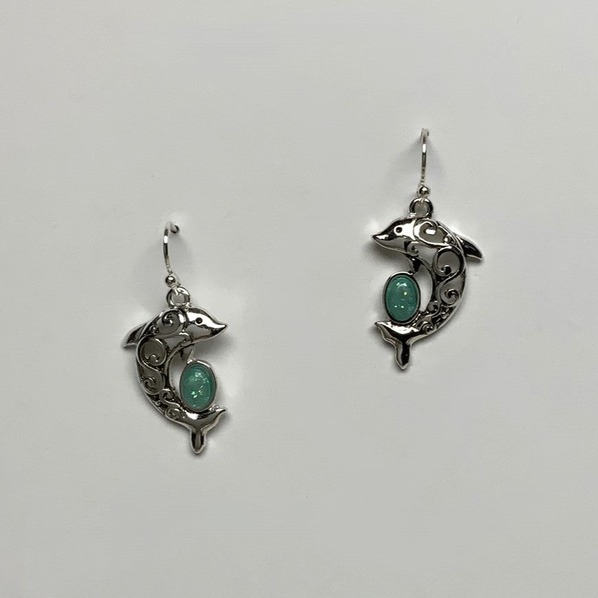 Metal and Glassy Lucite Dangle Dolphin Earring
