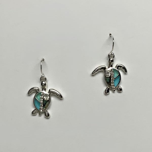 Sea Glass and Abalone and Rhinestone Turtle Dangle Earring