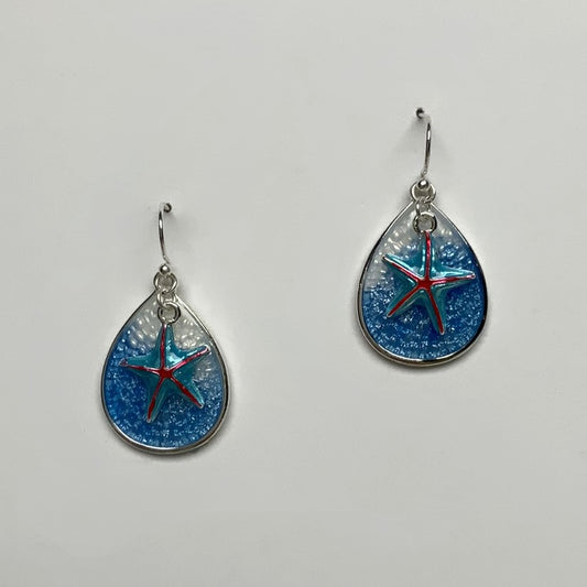 Glassy Lucite Tear Drop With Starfish Charm Drop Earring