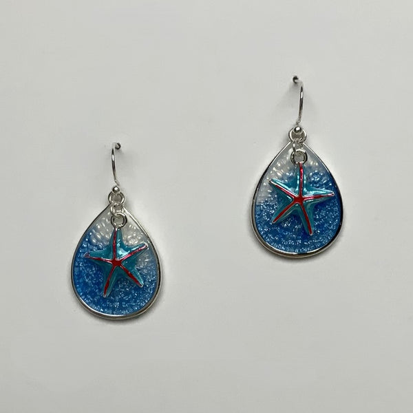 Glassy Lucite Tear Drop With Starfish Charm Drop Earring