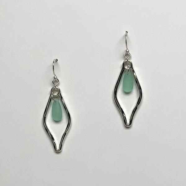 Metal Kite Shape Drop Earring with Sea Glass Tear Drop