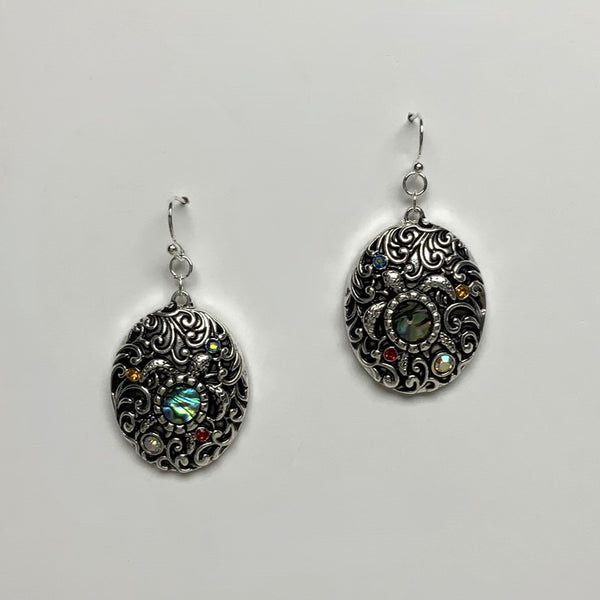 Metal Designer Look Oval with Abalone Turtle Earring