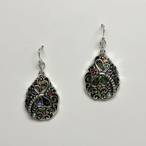 Metal Designer Look Tear Drop with Abalone Dragonfly Earring