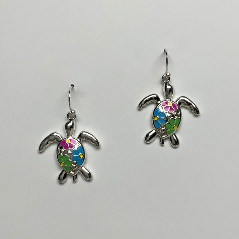 Enamel Painted Flowers on Turtle Dangle Earring