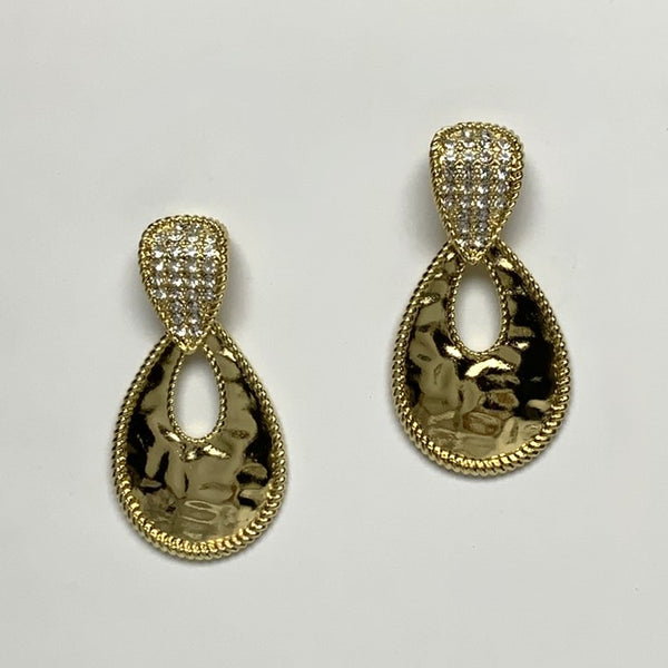 Hammered Metal Tear Drop and Rhinestone Earring