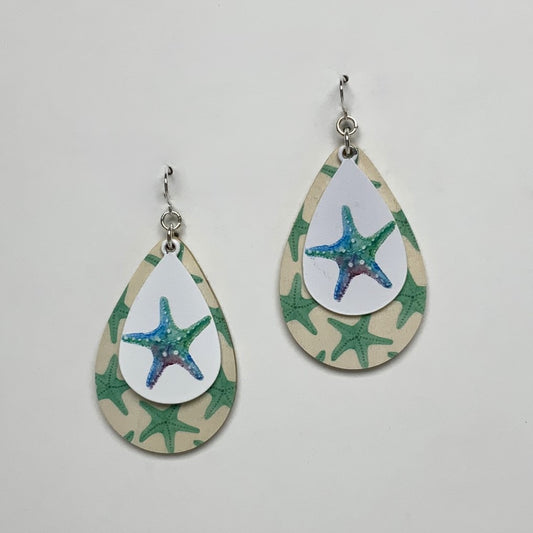 Painted Wood and Plastic Double Layer Tear Drop Starfish Earring