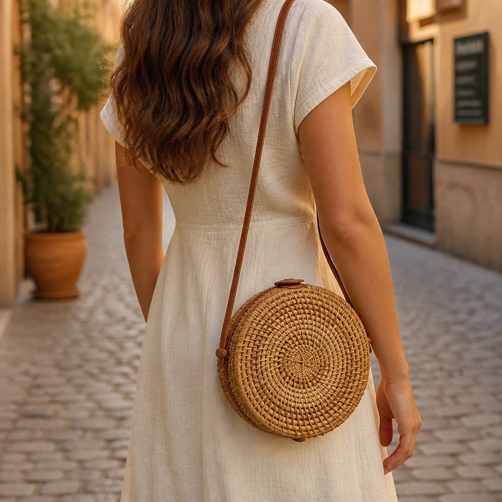 L and B Creations bamboo circle purse with a button clasp and brown leather strap worn by a woman in a white dress.