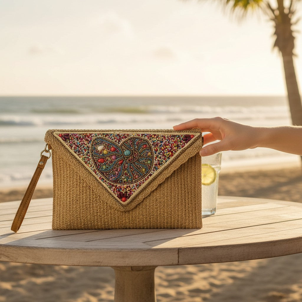 L and B Creations beaded conch shell clutch with a straw texture, featuring a wrist strap for crossbody use at beach