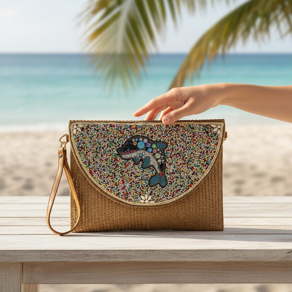 L and B Creations woven wristlet handbag featuring a colorful beaded dolphin design on a beach background