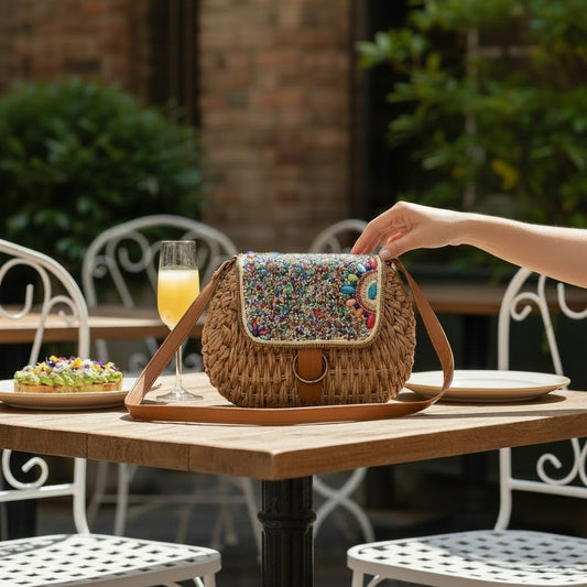 L and B Creations round woven twine crossbody purse with a colorful beaded flap and magnetic clasp on a cafe table.