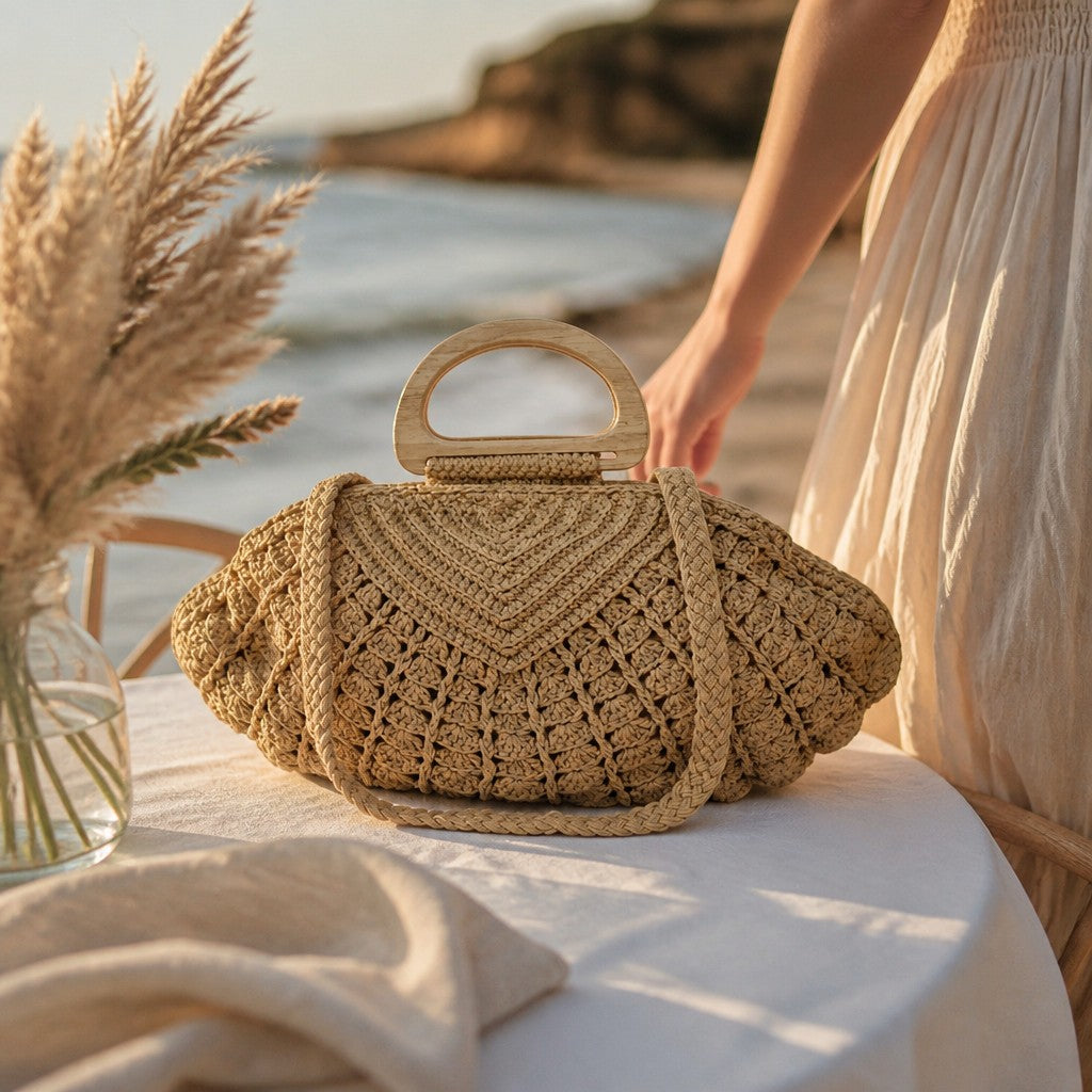 L and B Creations beige crochet handbag with wooden handle and strap, displayed on a table by the beach.