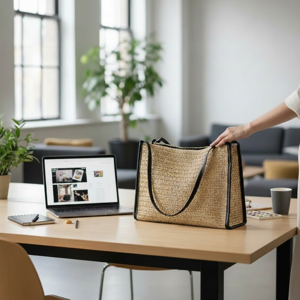 L and B Creations large crocheted twine canvas handbag with black trim on a desk in a bright office setting