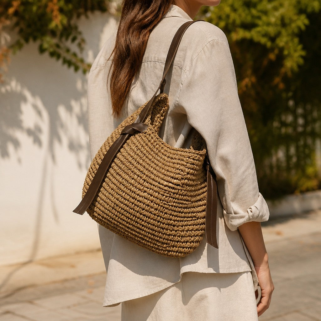 L and B Creations crocheted twine shoulder bag with brown faux leather strap and magnetic clasp, worn by a woman.