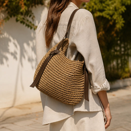 L and B Creations crocheted twine shoulder bag with brown faux leather strap and magnetic clasp, worn by a woman.
