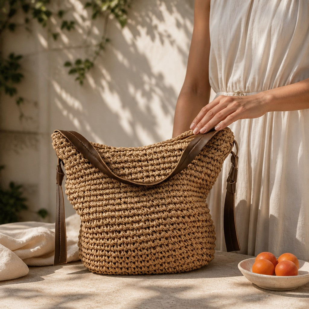 L and B Creations crocheted twine shoulder bag with brown faux leather strap and magnetic clasp on a stone table.