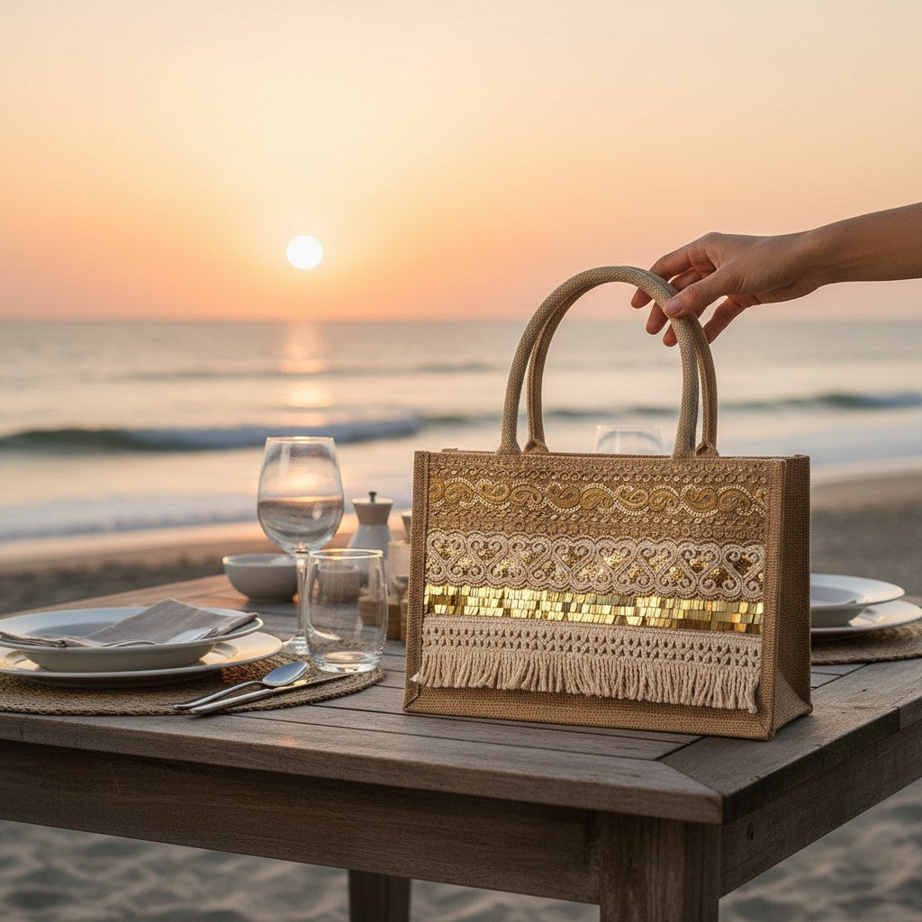 L and B Creations mid-size canvas handbag with gold embroidery, sequins, and fringe tassels on a beachside table.
