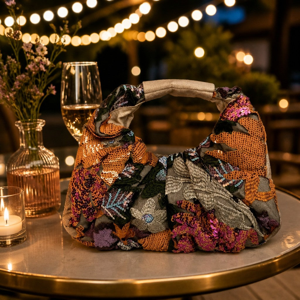L and B Creations flower sequin scrunch handbag with a magnetic button closure and cream cloth interior on a table.