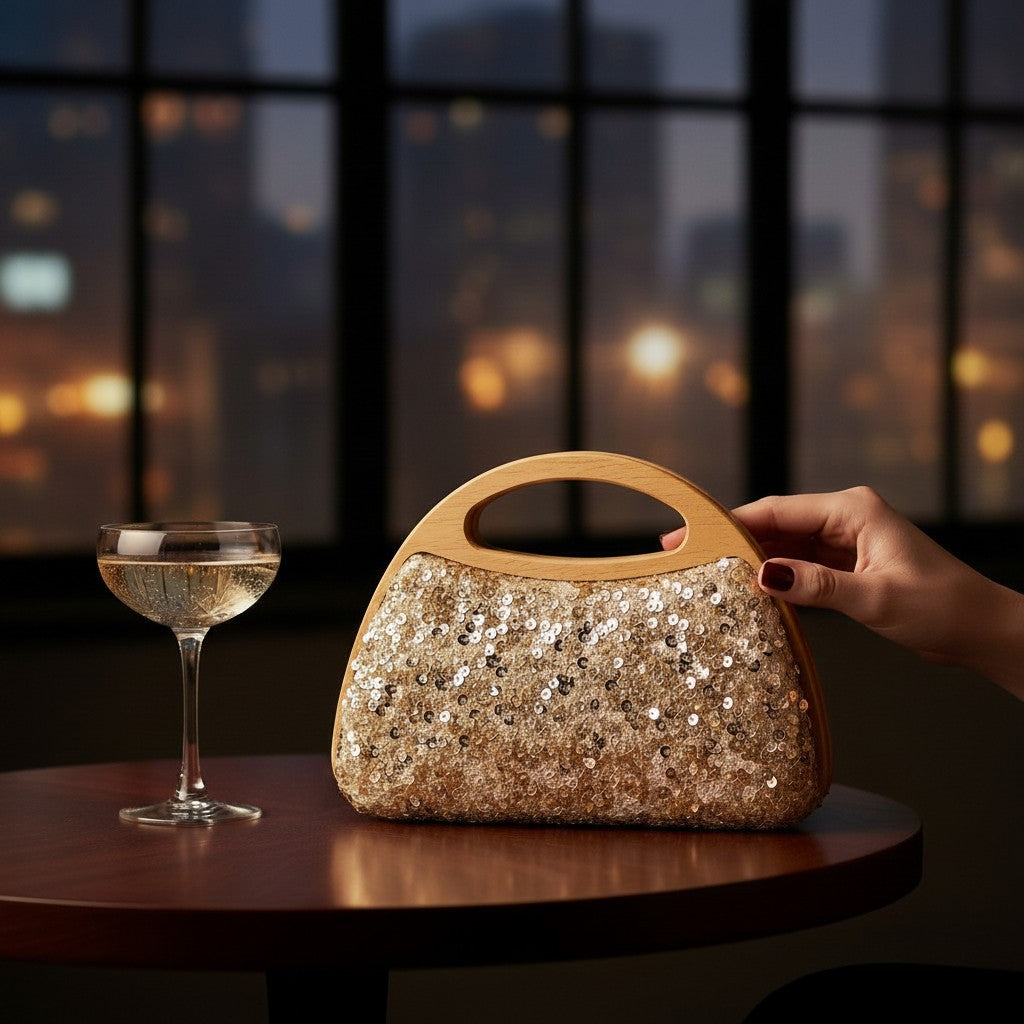 L and B Creations gold sequin handbag with a polished wooden handle, displayed on a table next to a cocktail glass.