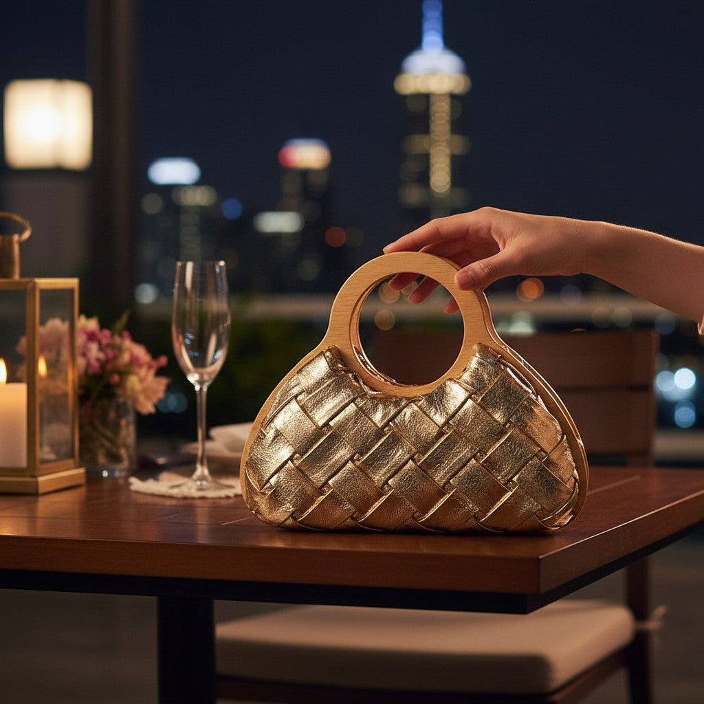 L and B Creations gold metallic woven fabric handbag with a round wooden handle on a table at night