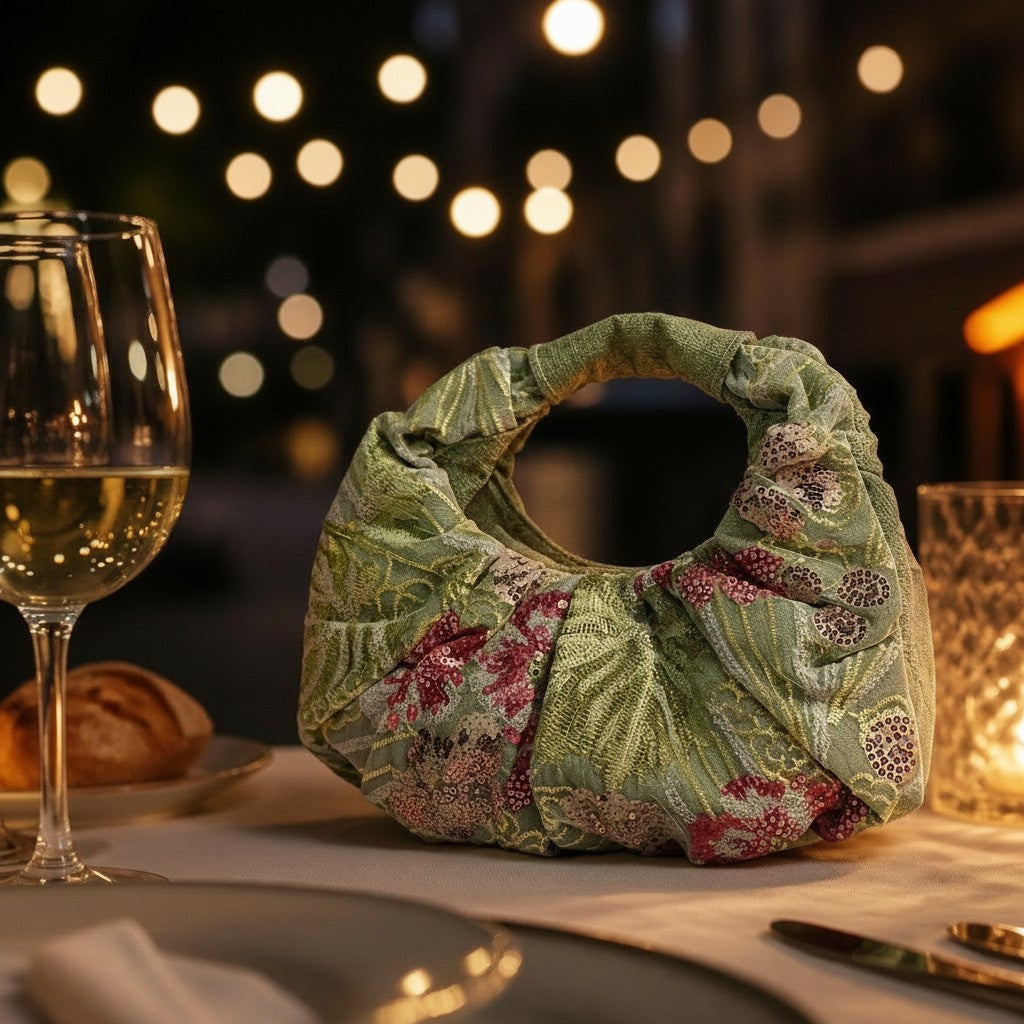 L and B Creations flower sequin scrunch handbag in green with floral embroidery on a dinner table at night