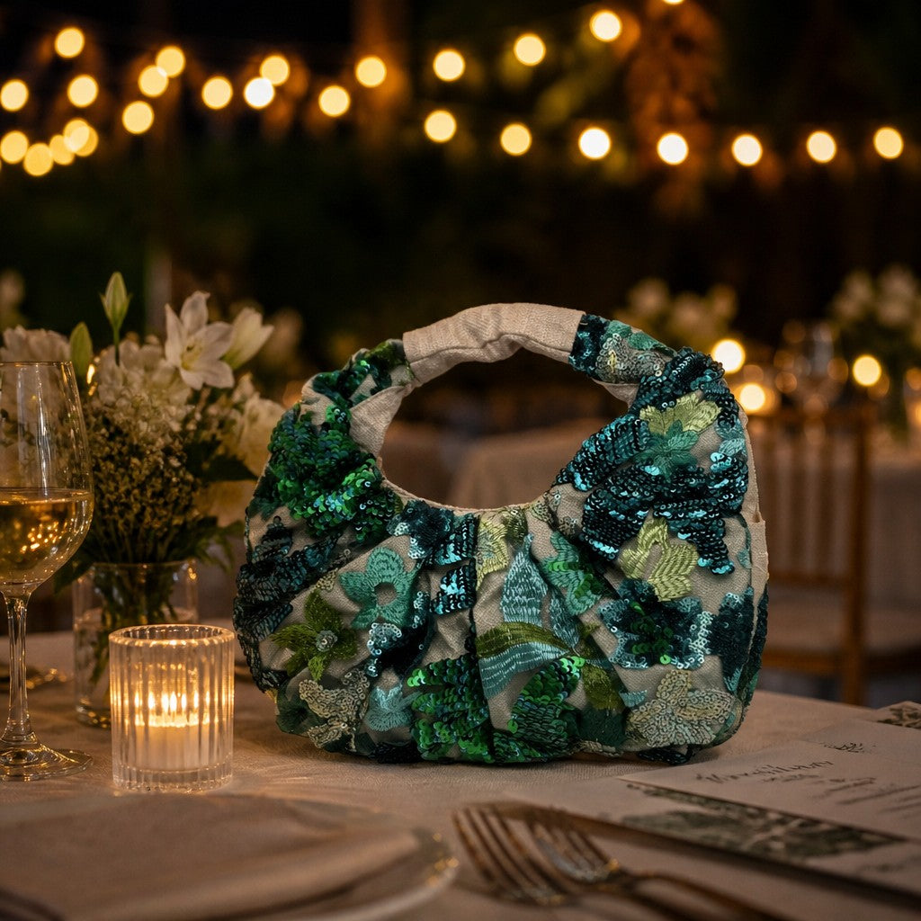 L and B Creations flower sequin scrunch handbag in shades of green with a cream interior on a dinner table setting