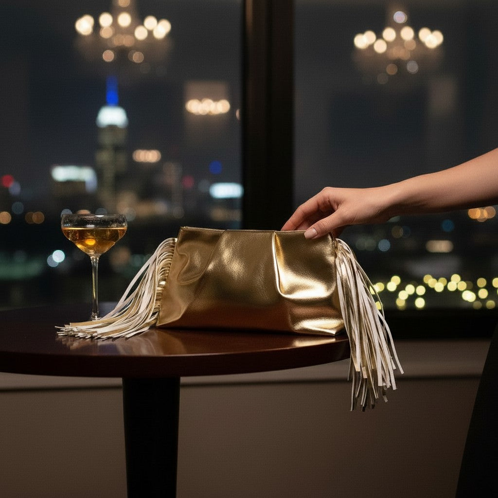 L and B Creations metallic gold clutch purse with long side tassels, held on a table with a cocktail at night.