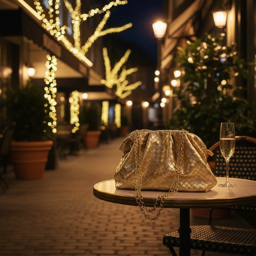 L and B Creations metallic gold woven crossbody purse with a chain strap sitting on a cafe table at night.